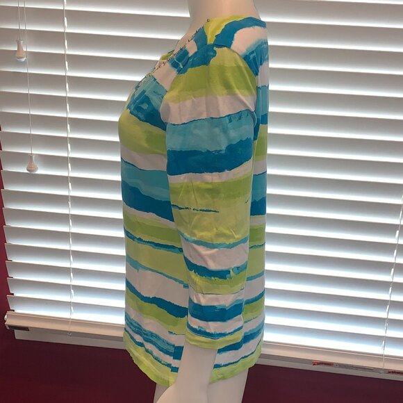 EUC Sapphire Star Women's Medium Top Colorful Green White Blue Stripes + Beads - Picture 4 of 13